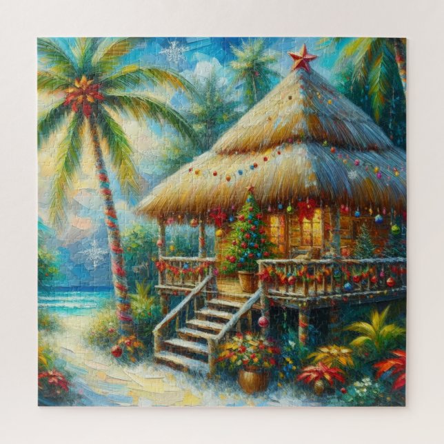 Tropical Hut Christmas Palm Tree Beach Lights  Jigsaw Puzzle (Vertical)