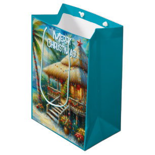 Tropical Hut Christmas Palm Tree Beach Lights  Medium Gift Bag