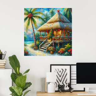 Tropical Hut Christmas Palm Tree Beach Lights Poster
