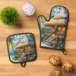Tropical Hut Christmas Palm Tree Coastal Oven Mitt & Pot Holder Set