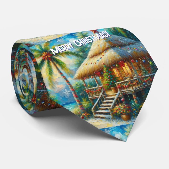 Tropical Hut Christmas Palm Tree Coastal Tie (Rolled)