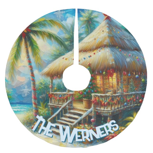 Tropical Hut Christmas Palm Tree Personalised Brushed Polyester Tree Skirt (Front)