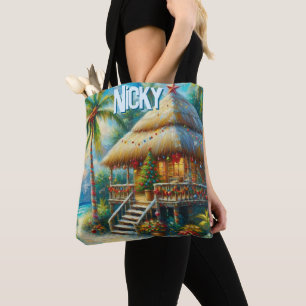 Tropical Hut Christmas Palm Tree Personalised Tote Bag