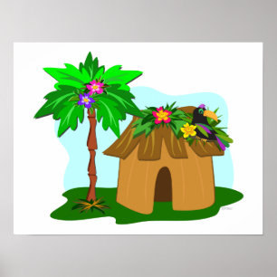 Tropical Hut, Palm Tree, and Toucan Poster