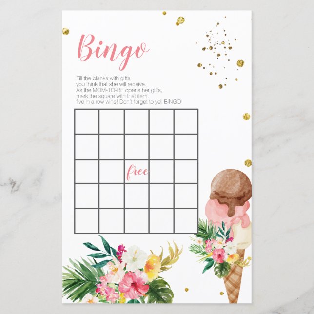 Tropical Ice cream Bridal Shower Bingo Game (Front)