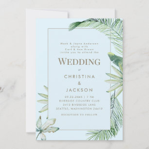 Tropical Icy Blue Greenery Both Parents Wedding Invitation