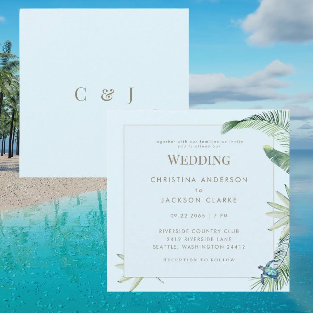 Tropical Icy Blue Sea Turtle Square Wedding Invitation (Creator Uploaded)