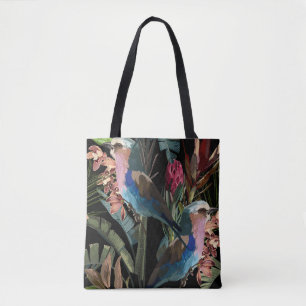 Tropical illustrations of flower, plant, birds. tote bag