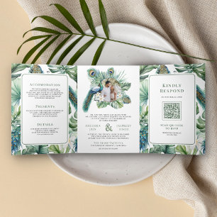 Tropical Indian Peacock Floral All in One Wedding Tri-Fold Invitation