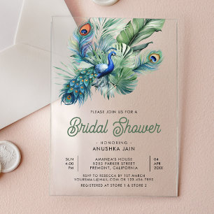 Tropical Indian Peacock Floral Bridal Shower Acrylic Invitations