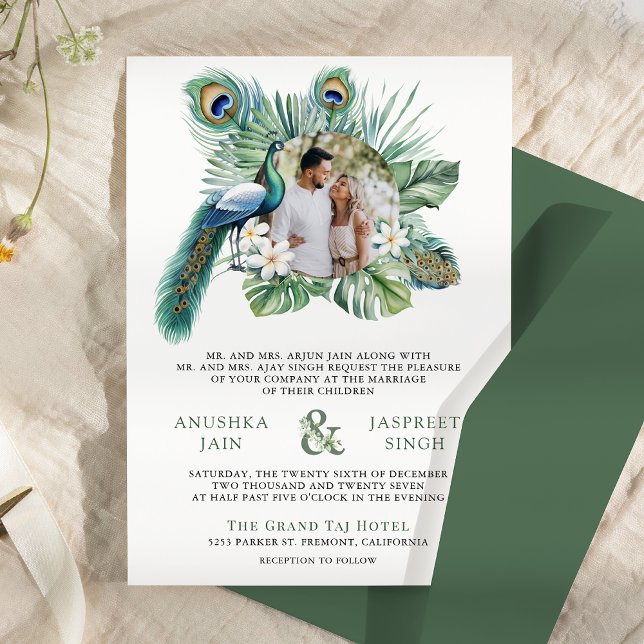 Tropical Indian Peacock Floral Photo Wedding Invitation (Creator Uploaded)