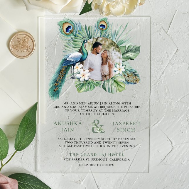 Tropical Indian Peacock Floral Wedding Acrylic Invitations (Creator Uploaded)