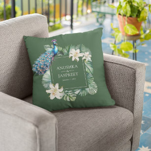 Tropical Indian Peacock Floral Wedding Cushion