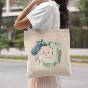 Tropical Indian Peacock Floral Wedding Monogram Tote Bag