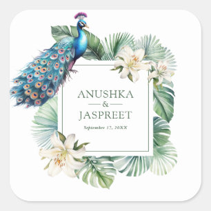 Tropical Indian Peacock Floral Wedding Square Sticker