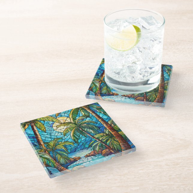 Tropical island at night Stained glass art Coaster (Angled)
