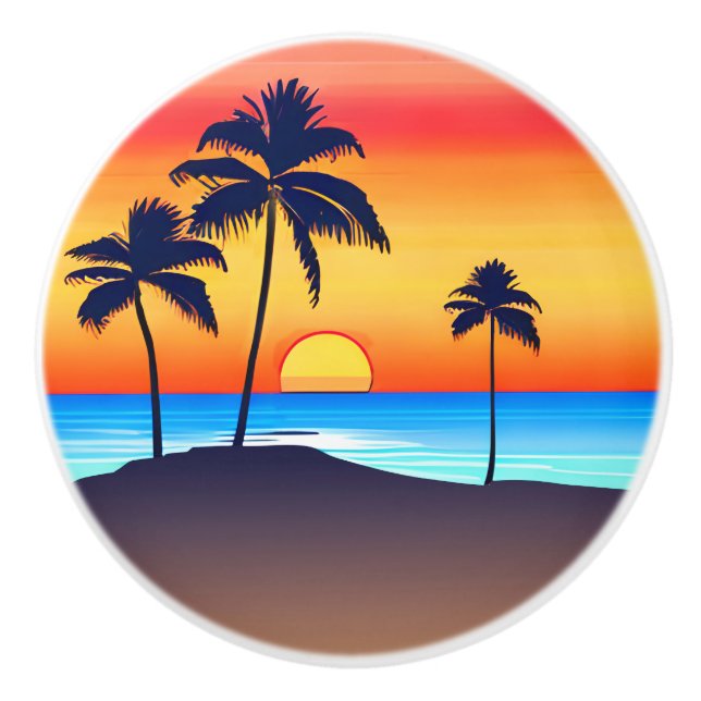 Tropical Island at Sunset with Palm Trees Ceramic Knob (Front)
