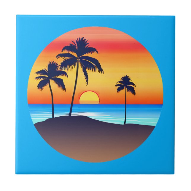 Tropical Island at Sunset with Palm Trees Ceramic Tile (Front)