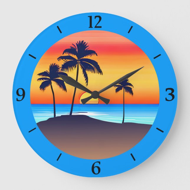 Tropical Island at Sunset with Palm Trees Large Clock (Front)