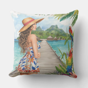 Tropical Island   Beach and Lovely Women Cushion