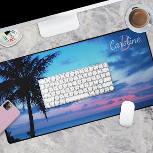 Tropical Island Beach Aqua Blue Ocean Pink Sunset Desk Mat