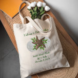 Tropical Island Beach Christmas Wedding Welcome Tote Bag<br><div class="desc">Wedding welcome bags with a tropical Christmas / December wedding theme. Big sand dollars, starfish and holly leaves design on cloth totes with two places for custom text. At the top "welcome to our wedding" text can be changed to "welcome to [location]" or use as a thank you favour, bridesmaid...</div>
