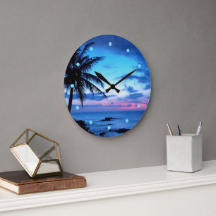 Tropical Island Beach Ocean Pink Blue Sunset Photo Large Clock