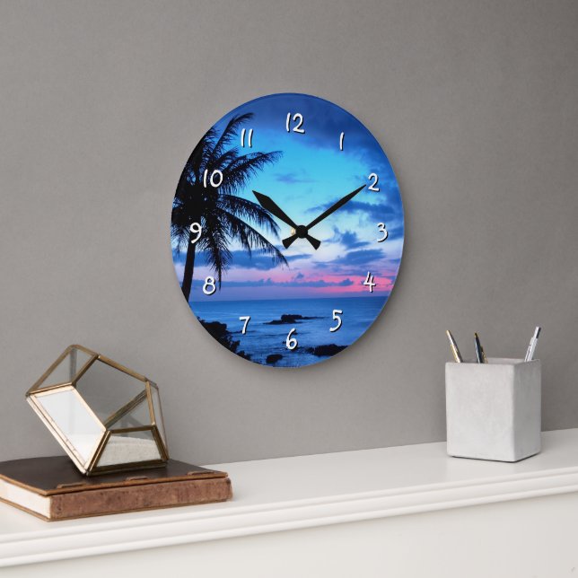 Tropical Island Beach Ocean Pink Blue Sunset Photo Large Clock (Office)