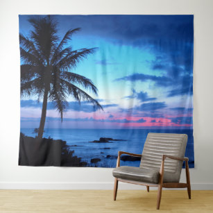Tropical Island Beach Ocean Pink Blue Sunset Photo Tapestry