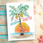 Tropical Island Beach Palm Tree Christmas  Invitation<br><div class="desc">Tropical beach theme Christmas party invitation features an island in the sun with a palm tree decorated with string lights and ornaments and a "holiday party" caption in brushstroke style lettering. Art by KL Stock</div>