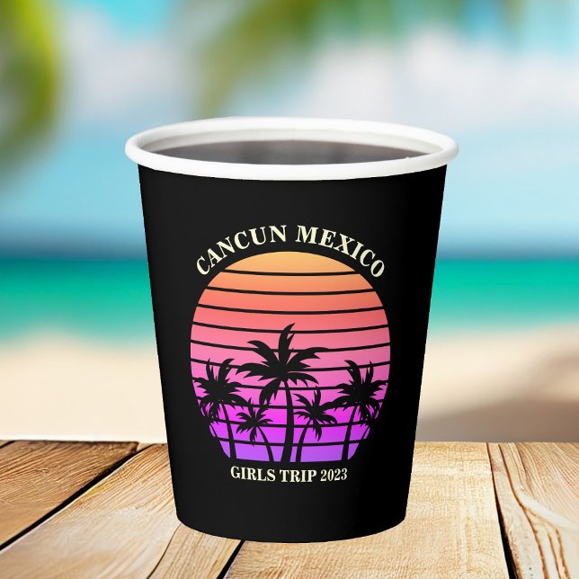Tropical Island Beach Palm Tree Pink Black Party Paper Cups (Creator Uploaded)