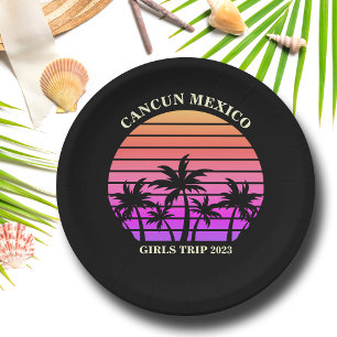 Tropical Island Beach Palm Tree Pink Black Party Paper Plate