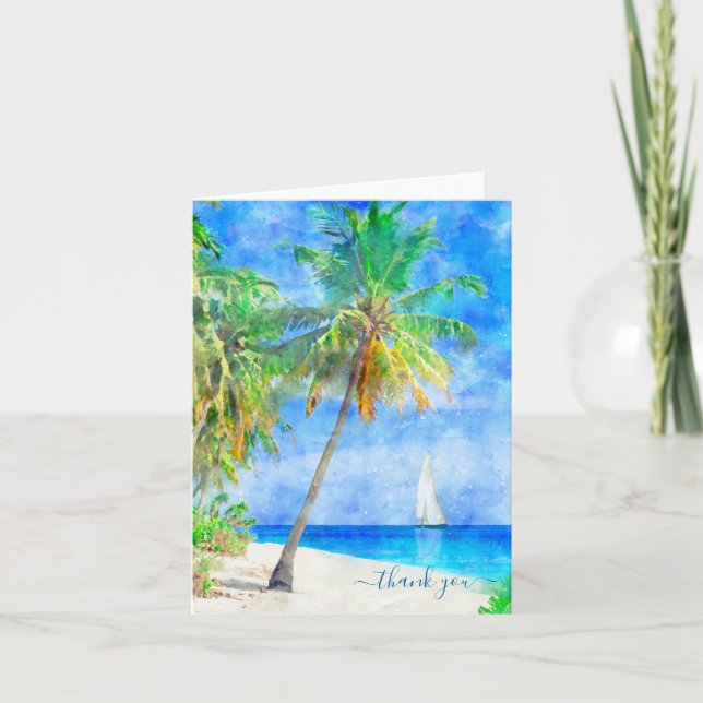Tropical Island Beach Palm Tree Sailboat Thank You Card (Front)