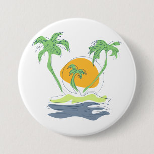 Tropical island beach scenery. Outline palm tree 7.5 Cm Round Badge