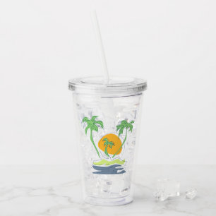 Tropical island beach scenery. Outline palm tree  Acrylic Tumbler