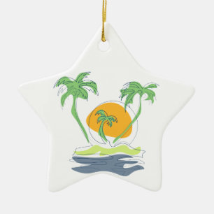 Tropical island beach scenery. Outline palm tree Ceramic Ornament