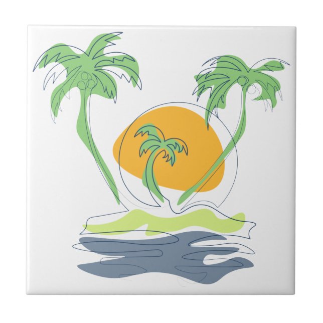 Tropical island beach scenery. Outline palm tree  Ceramic Tile (Front)