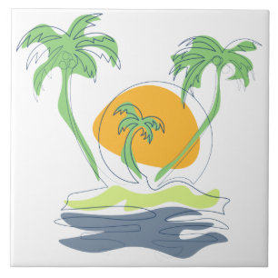 Tropical island beach scenery. Outline palm tree  Ceramic Tile