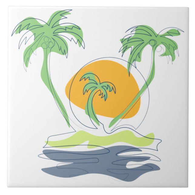 Tropical island beach scenery. Outline palm tree  Ceramic Tile (Front)