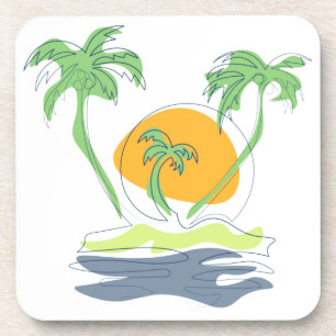 Tropical island beach scenery. Outline palm tree Coaster