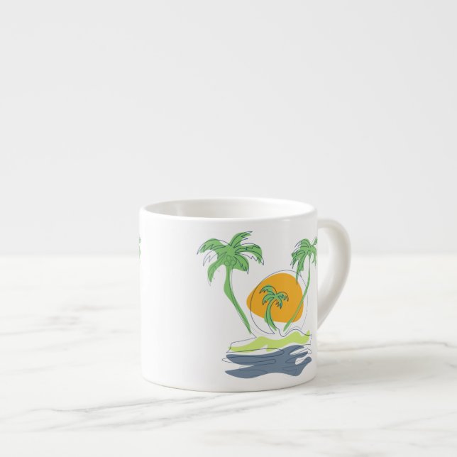Tropical island beach scenery. Outline palm tree Espresso Cup (Front Right)