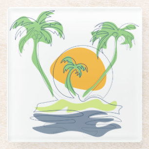 Tropical island beach scenery. Outline palm tree Glass Coaster