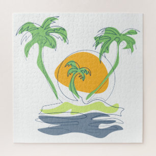 Tropical island beach scenery. Outline palm tree   Jigsaw Puzzle