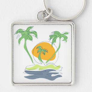 Tropical island beach scenery. Outline palm tree  Key Ring