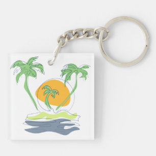 Tropical island beach scenery. Outline palm tree Key Ring