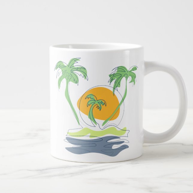 Tropical island beach scenery. Outline palm tree  Large Coffee Mug (Right)