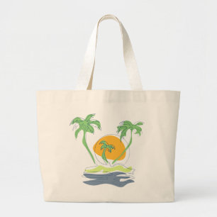 Tropical island beach scenery. Outline palm tree Large Tote Bag