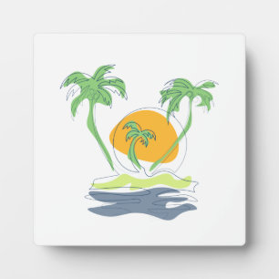 Tropical island beach scenery. Outline palm tree Plaque