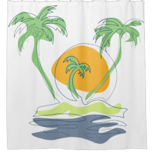 Tropical island beach scenery. Outline palm tree Shower Curtain