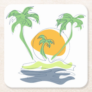 Tropical island beach scenery. Outline palm tree Square Paper Coaster